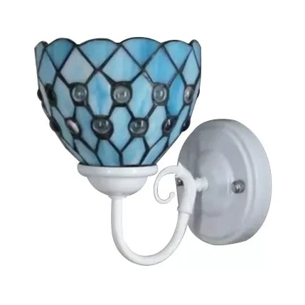Tiffany Bead Wall Sconce with Blue Glass Shade Single Light Mini Wall Lamp for Bedroom Blue Clearhalo 'Industrial' 'Middle century wall lights' 'Tiffany wall lights' 'Tiffany' 'Wall Lamps & Sconces' 'Wall Lights' Lighting' 86272