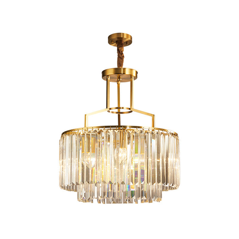 Prismatic Crystal Brass Chandelier 2-Layer Drum 3 Bulbs Modern Hanging Light Fixture Clearhalo 'Ceiling Lights' 'Chandeliers' 'Modern Chandeliers' 'Modern' Lighting' 862751