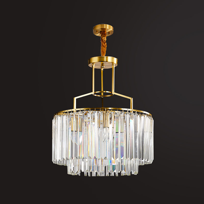 Prismatic Crystal Brass Chandelier 2-Layer Drum 3 Bulbs Modern Hanging Light Fixture Clearhalo 'Ceiling Lights' 'Chandeliers' 'Modern Chandeliers' 'Modern' Lighting' 862752