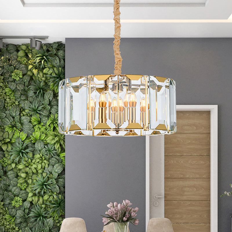 Clear Crystal Paneled Drum Pendant Lamp Modern Style 6 Lights Dining Room Chandelier Light Clear Clearhalo 'Ceiling Lights' 'Chandeliers' 'Clear' 'Industrial' 'Modern Chandeliers' 'Modern' 'Tiffany' 'Traditional Chandeliers' Lighting' 862758