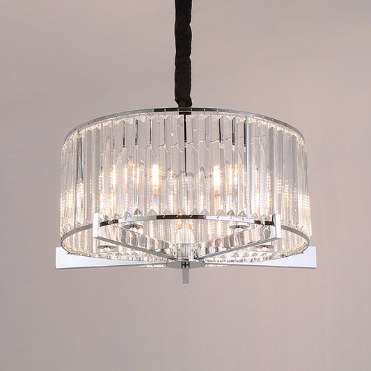 Modern Drum Ceiling Chandelier 5/6-Head Prismatic Crystal Suspension Light over Table Clearhalo 'Ceiling Lights' 'Chandeliers' 'Clear' 'Industrial' 'Modern Chandeliers' 'Modern' 'Tiffany' 'Traditional Chandeliers' Lighting' 862764