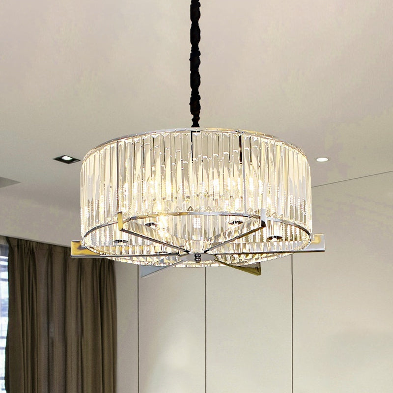 Modern Drum Ceiling Chandelier 5/6-Head Prismatic Crystal Suspension Light over Table 6 Clear Clearhalo 'Ceiling Lights' 'Chandeliers' 'Clear' 'Industrial' 'Modern Chandeliers' 'Modern' 'Tiffany' 'Traditional Chandeliers' Lighting' 862766