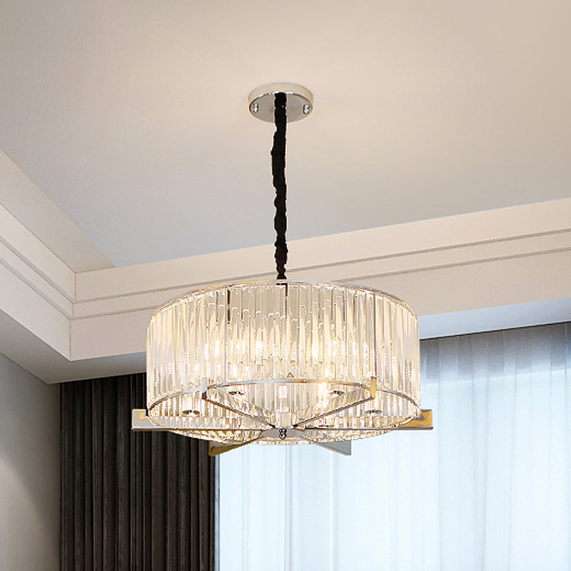 Modern Drum Ceiling Chandelier 5/6-Head Prismatic Crystal Suspension Light over Table Clearhalo 'Ceiling Lights' 'Chandeliers' 'Clear' 'Industrial' 'Modern Chandeliers' 'Modern' 'Tiffany' 'Traditional Chandeliers' Lighting' 862767