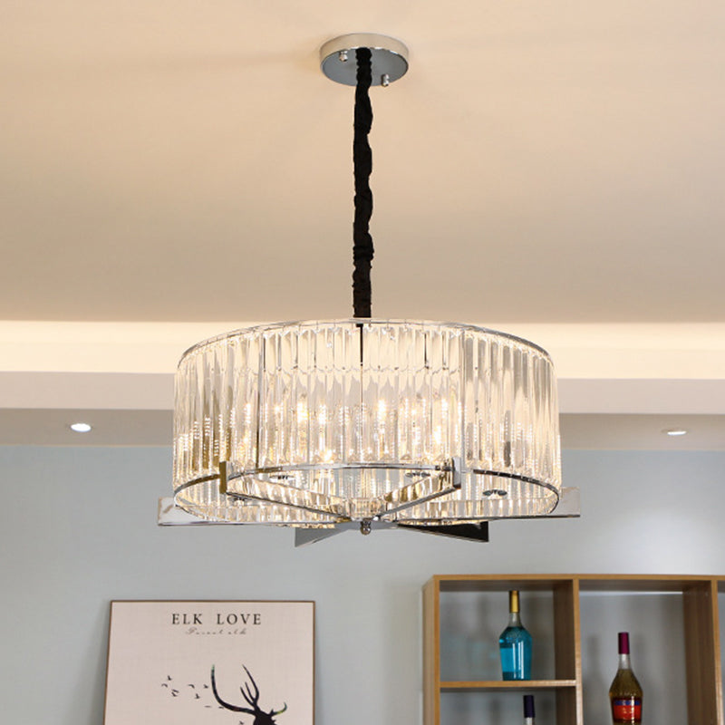 Modern Drum Ceiling Chandelier 5/6-Head Prismatic Crystal Suspension Light over Table Clearhalo 'Ceiling Lights' 'Chandeliers' 'Clear' 'Industrial' 'Modern Chandeliers' 'Modern' 'Tiffany' 'Traditional Chandeliers' Lighting' 862768