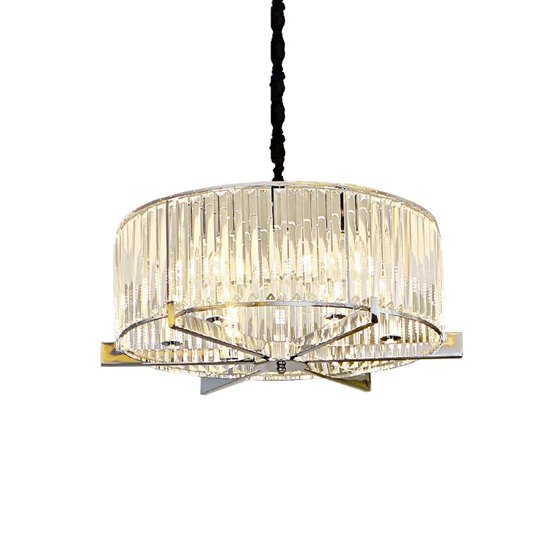 Modern Drum Ceiling Chandelier 5/6-Head Prismatic Crystal Suspension Light over Table Clearhalo 'Ceiling Lights' 'Chandeliers' 'Clear' 'Industrial' 'Modern Chandeliers' 'Modern' 'Tiffany' 'Traditional Chandeliers' Lighting' 862769