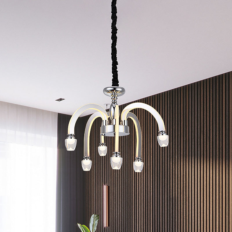 Stainless Steel Drooping Chandelier Modern Dining Room 21"/27.5" Wide LED Hanging Light Kit in Chrome with Crystal Finial Chrome 21" Clearhalo 'Ceiling Lights' 'Chandeliers' 'Modern Chandeliers' 'Modern' Lighting' 862771