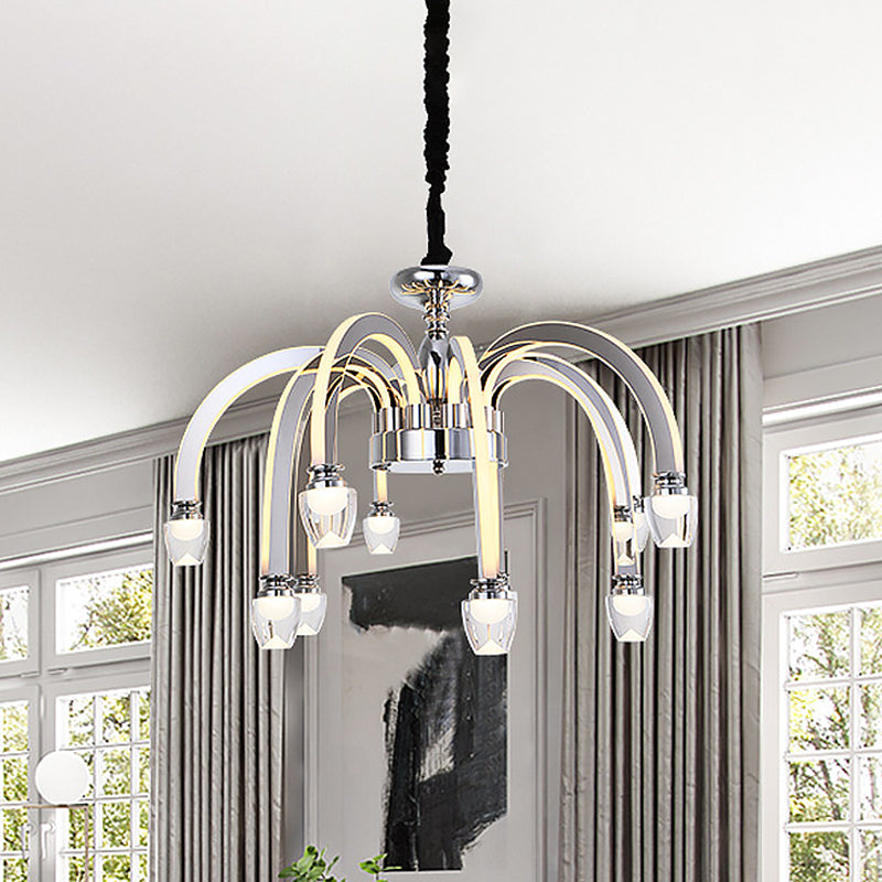 Stainless Steel Drooping Chandelier Modern Dining Room 21"/27.5" Wide LED Hanging Light Kit in Chrome with Crystal Finial Chrome 27.5" Clearhalo 'Ceiling Lights' 'Chandeliers' 'Modern Chandeliers' 'Modern' Lighting' 862775