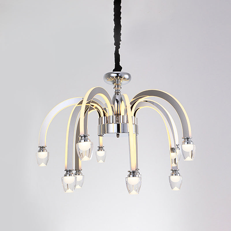 Stainless Steel Drooping Chandelier Modern Dining Room 21"/27.5" Wide LED Hanging Light Kit in Chrome with Crystal Finial Clearhalo 'Ceiling Lights' 'Chandeliers' 'Modern Chandeliers' 'Modern' Lighting' 862778