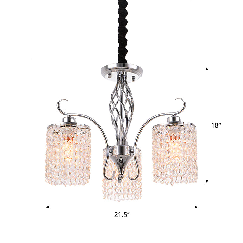 Chrome 3/5-Head Hanging Pendant Light Modern Crystal Strand Cylindrical Chandelier Lamp Clearhalo 'Ceiling Lights' 'Chandeliers' 'Modern Chandeliers' 'Modern' Lighting' 862783