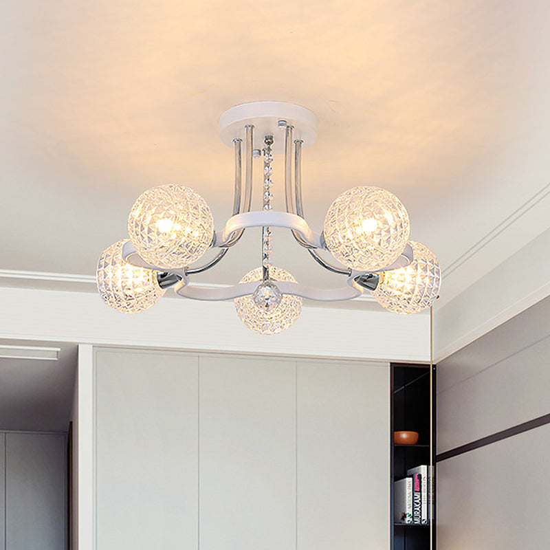 Clear Lattice Glass Ball Semi Flush Modernism 3/5 Lights Bedroom Ceiling Mounted Light in White Clearhalo 'Ceiling Lights' 'Close To Ceiling Lights' 'Close to ceiling' 'Glass shade' 'Glass' 'Semi-flushmount' Lighting' 862812