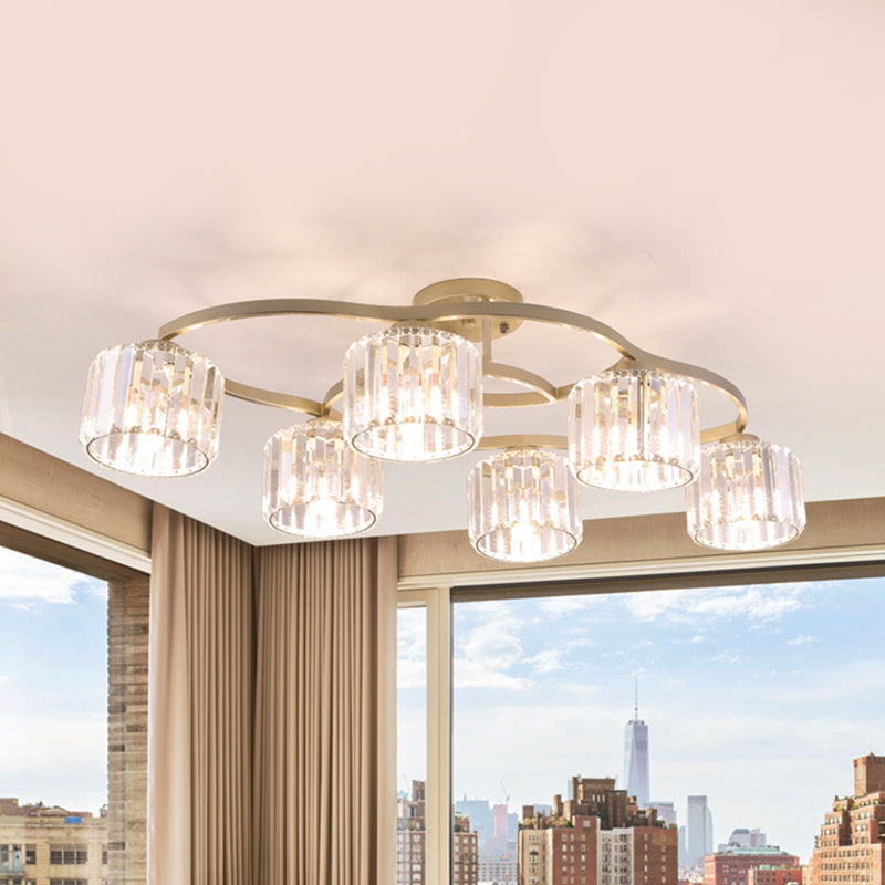 4/6-Bulb Semi Flush Mount Lamp Modern Dining Room Ceiling Fixture with Cup Prismatic Crystal Shade in Gold 6 Gold Clearhalo 'Ceiling Lights' 'Close To Ceiling Lights' 'Close to ceiling' 'Semi-flushmount' Lighting' 862831