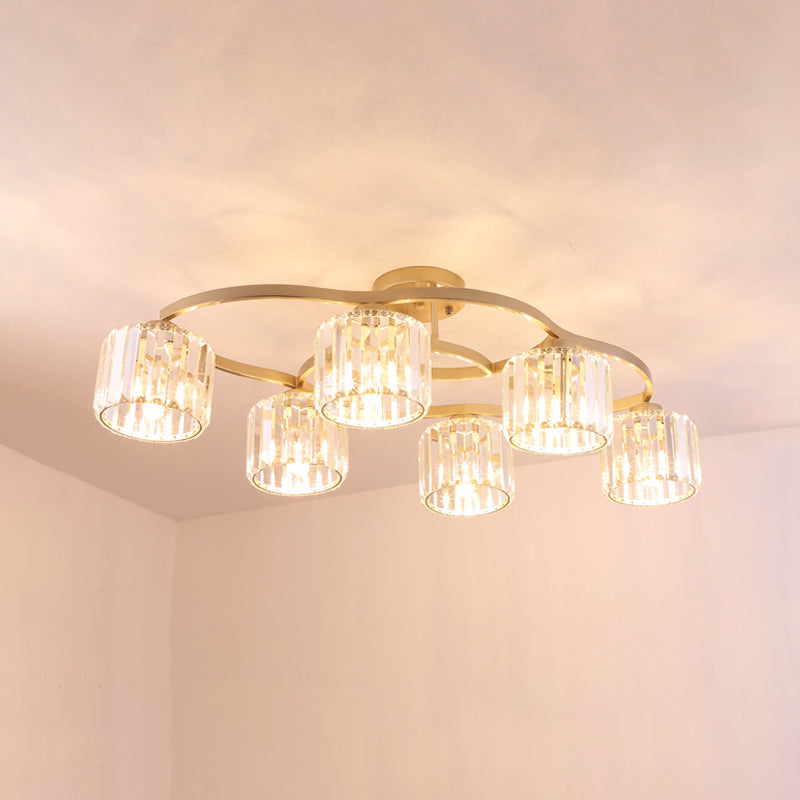 4/6-Bulb Semi Flush Mount Lamp Modern Dining Room Ceiling Fixture with Cup Prismatic Crystal Shade in Gold Clearhalo 'Ceiling Lights' 'Close To Ceiling Lights' 'Close to ceiling' 'Semi-flushmount' Lighting' 862833