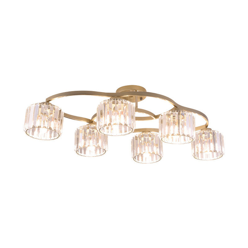 4/6-Bulb Semi Flush Mount Lamp Modern Dining Room Ceiling Fixture with Cup Prismatic Crystal Shade in Gold Clearhalo 'Ceiling Lights' 'Close To Ceiling Lights' 'Close to ceiling' 'Semi-flushmount' Lighting' 862834