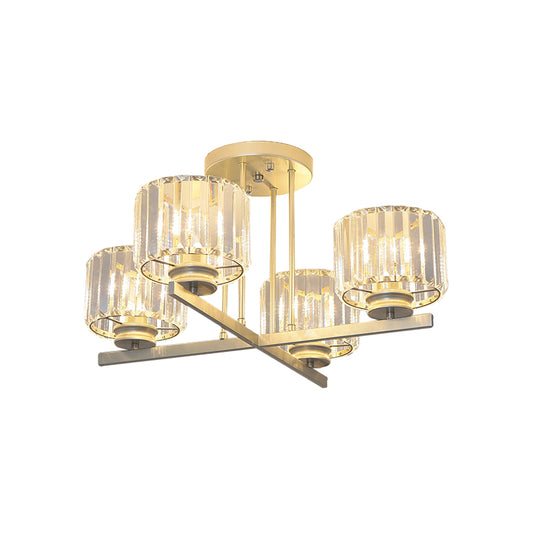 Gold 3/4-Light Semi Mount Lighting Modern Crystal Prism Short Cylinder Ceiling Flush Light Clearhalo 'Ceiling Lights' 'Close To Ceiling Lights' 'Close to ceiling' 'Semi-flushmount' Lighting' 862843