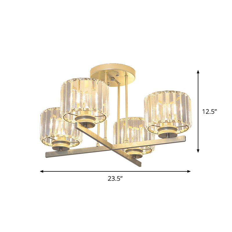 Gold 3/4-Light Semi Mount Lighting Modern Crystal Prism Short Cylinder Ceiling Flush Light Clearhalo 'Ceiling Lights' 'Close To Ceiling Lights' 'Close to ceiling' 'Semi-flushmount' Lighting' 862844