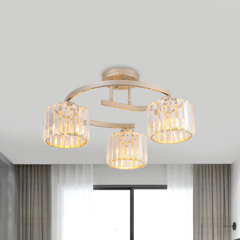 Crystal Prism Cup Semi Flush Chandelier Contemporary 3 Heads Bedroom Ceiling Mount Lamp with Gold Curved Arm Gold Clearhalo 'Ceiling Lights' 'Close To Ceiling Lights' 'Close to ceiling' 'Semi-flushmount' Lighting' 862845