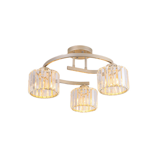 Crystal Prism Cup Semi Flush Chandelier Contemporary 3 Heads Bedroom Ceiling Mount Lamp with Gold Curved Arm Clearhalo 'Ceiling Lights' 'Close To Ceiling Lights' 'Close to ceiling' 'Semi-flushmount' Lighting' 862846