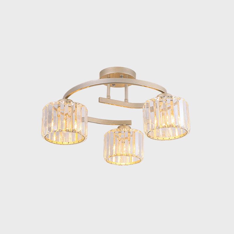 Crystal Prism Cup Semi Flush Chandelier Contemporary 3 Heads Bedroom Ceiling Mount Lamp with Gold Curved Arm Clearhalo 'Ceiling Lights' 'Close To Ceiling Lights' 'Close to ceiling' 'Semi-flushmount' Lighting' 862847