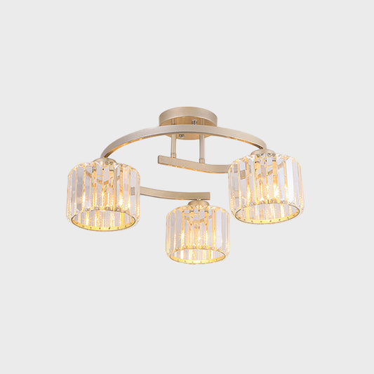 Crystal Prism Cup Semi Flush Chandelier Contemporary 3 Heads Bedroom Ceiling Mount Lamp with Gold Curved Arm Clearhalo 'Ceiling Lights' 'Close To Ceiling Lights' 'Close to ceiling' 'Semi-flushmount' Lighting' 862847