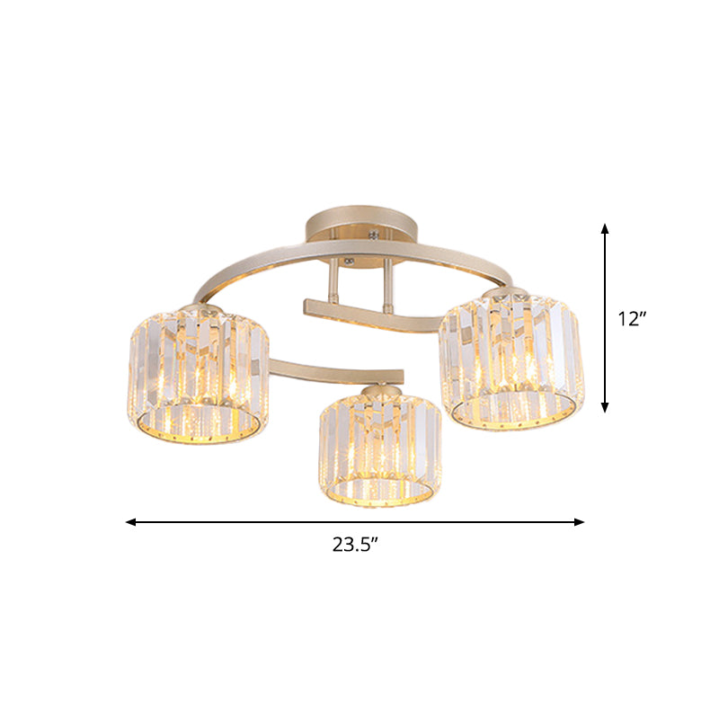 Crystal Prism Cup Semi Flush Chandelier Contemporary 3 Heads Bedroom Ceiling Mount Lamp with Gold Curved Arm Clearhalo 'Ceiling Lights' 'Close To Ceiling Lights' 'Close to ceiling' 'Semi-flushmount' Lighting' 862848