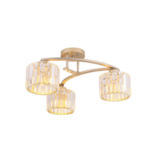 Gold V Arm Ceiling Mount Chandelier Postmodern Metal 3 Bulbs Restaurant Semi Flush Light with Crystal Shade Clearhalo 'Ceiling Lights' 'Close To Ceiling Lights' 'Close to ceiling' 'Semi-flushmount' Lighting' 862850