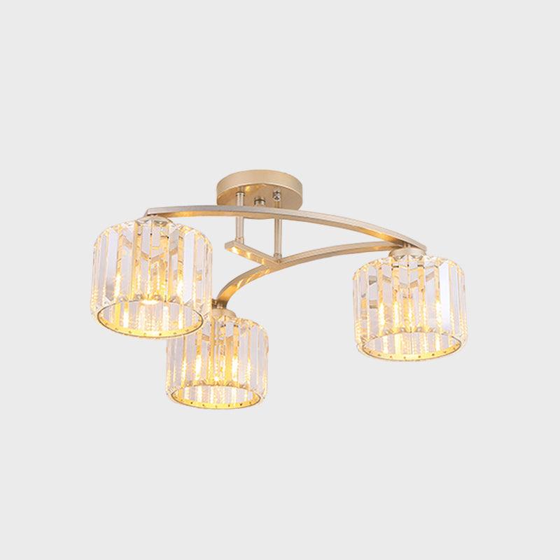 Gold V Arm Ceiling Mount Chandelier Postmodern Metal 3 Bulbs Restaurant Semi Flush Light with Crystal Shade Clearhalo 'Ceiling Lights' 'Close To Ceiling Lights' 'Close to ceiling' 'Semi-flushmount' Lighting' 862851