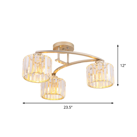 Gold V Arm Ceiling Mount Chandelier Postmodern Metal 3 Bulbs Restaurant Semi Flush Light with Crystal Shade Clearhalo 'Ceiling Lights' 'Close To Ceiling Lights' 'Close to ceiling' 'Semi-flushmount' Lighting' 862852