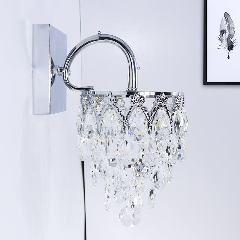Polished Chrome LED Wall Lamp Modern Crystal Draped Sconce Lighting with Arched Arm Chrome Clearhalo 'Cast Iron' 'Glass' 'Industrial' 'Modern wall lights' 'Modern' 'Tiffany' 'Traditional wall lights' 'Wall Lamps & Sconces' 'Wall Lights' Lighting' 862857