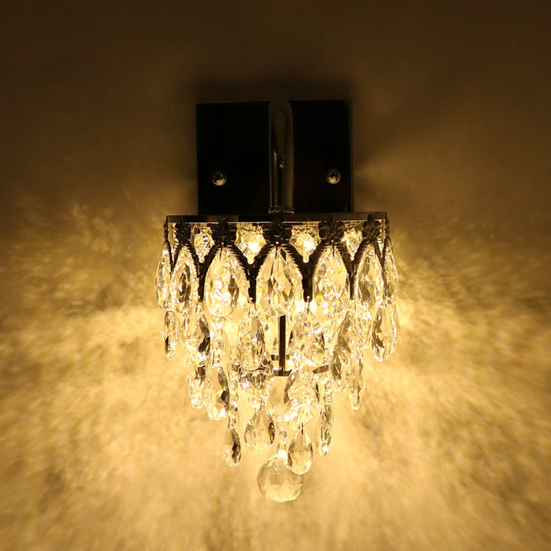 Polished Chrome LED Wall Lamp Modern Crystal Draped Sconce Lighting with Arched Arm Clearhalo 'Cast Iron' 'Glass' 'Industrial' 'Modern wall lights' 'Modern' 'Tiffany' 'Traditional wall lights' 'Wall Lamps & Sconces' 'Wall Lights' Lighting' 862858