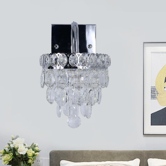 Fringe LED Wall Lighting Ideas Modern Chrome Faceted Crystal Sconce Light with Scroll Arm Chrome Clearhalo 'Cast Iron' 'Glass' 'Industrial' 'Modern wall lights' 'Modern' 'Tiffany' 'Traditional wall lights' 'Wall Lamps & Sconces' 'Wall Lights' Lighting' 862865