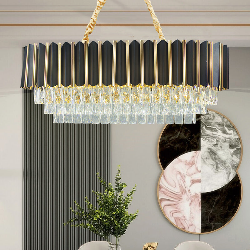 8-Light Crystal Island Pendant Mid Century Black and Gold 4-Tier Oval Restaurant Hanging Light Fixture Black-Gold Clearhalo 'Ceiling Lights' 'Island Lights' Lighting' 863009