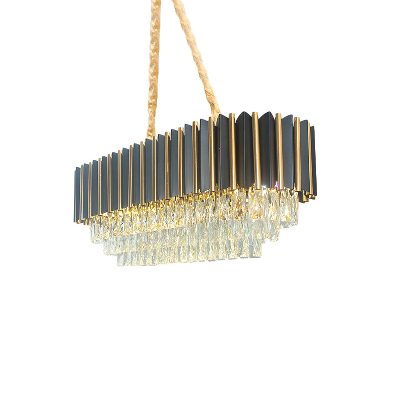 8-Light Crystal Island Pendant Mid Century Black and Gold 4-Tier Oval Restaurant Hanging Light Fixture Clearhalo 'Ceiling Lights' 'Island Lights' Lighting' 863010