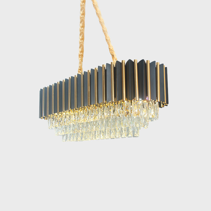 8-Light Crystal Island Pendant Mid Century Black and Gold 4-Tier Oval Restaurant Hanging Light Fixture Clearhalo 'Ceiling Lights' 'Island Lights' Lighting' 863011