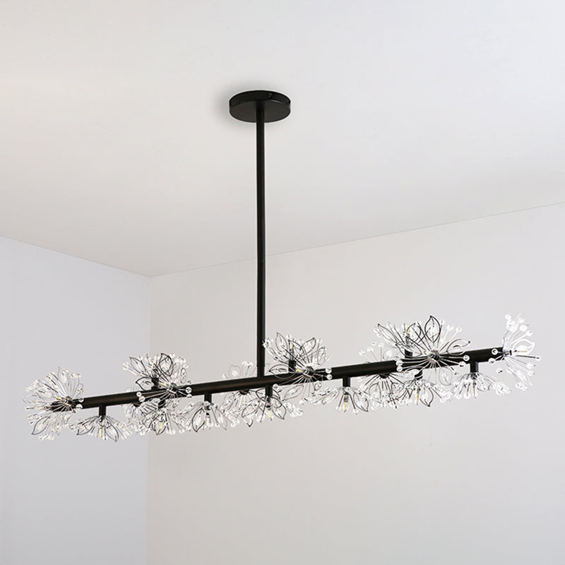 Iron Black Suspension Lamp Linear 19-Head Modern Island Pendant Light with Crystal Bead Flower Decor Clearhalo 'Ceiling Lights' 'Island Lights' Lighting' 863033
