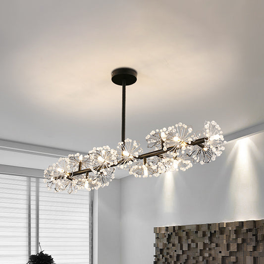 Crystal Bead Blossom Island Lamp Modern Stylish 16 Bulbs Dining Table Suspended Lighting Fixture in Black Clearhalo 'Ceiling Lights' 'Island Lights' Lighting' 863046