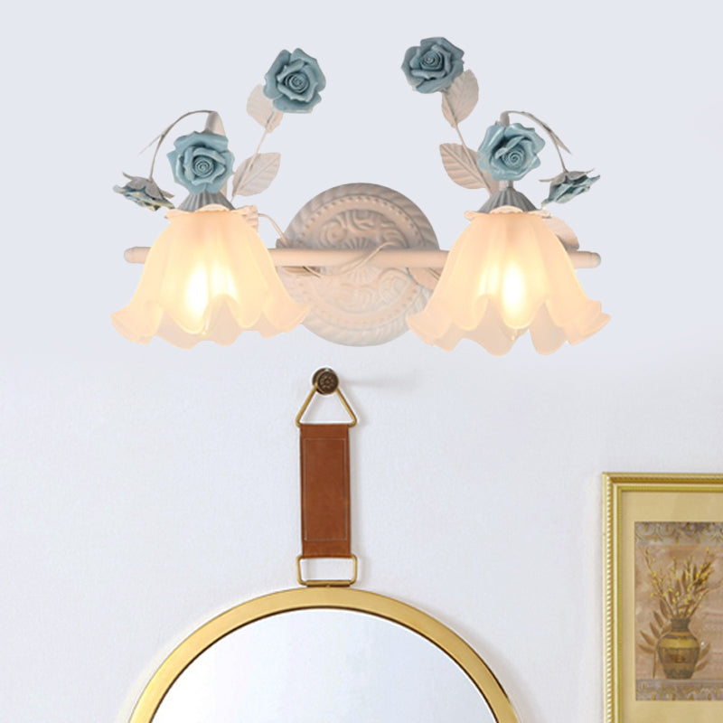 Ruffle Bathroom Wall Mount Light American Flower Frosted Glass 2/3-Head Pink/Blue Vanity Sconce 2.0 Blue Clearhalo 'Vanity Lights' 'Wall Lights' Lighting' 863059