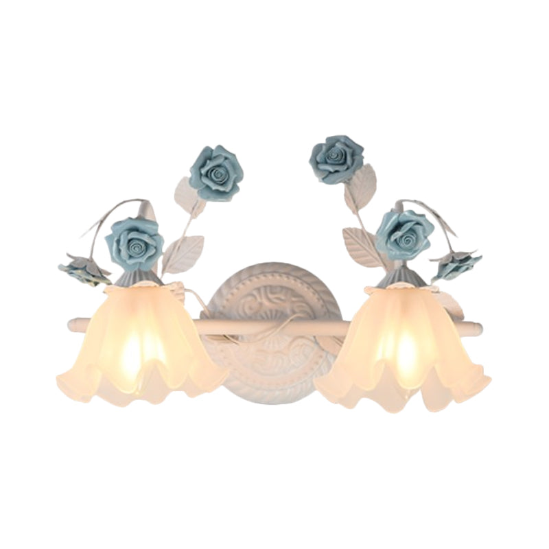 Ruffle Bathroom Wall Mount Light American Flower Frosted Glass 2/3-Head Pink/Blue Vanity Sconce Clearhalo 'Vanity Lights' 'Wall Lights' Lighting' 863060