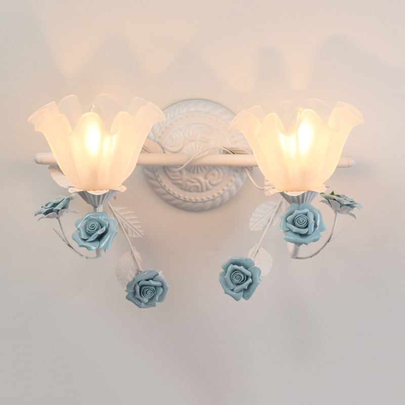 Ruffle Bathroom Wall Mount Light American Flower Frosted Glass 2/3-Head Pink/Blue Vanity Sconce Clearhalo 'Vanity Lights' 'Wall Lights' Lighting' 863061