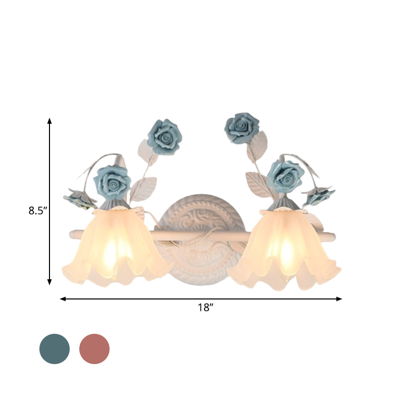 Ruffle Bathroom Wall Mount Light American Flower Frosted Glass 2/3-Head Pink/Blue Vanity Sconce Clearhalo 'Vanity Lights' 'Wall Lights' Lighting' 863062