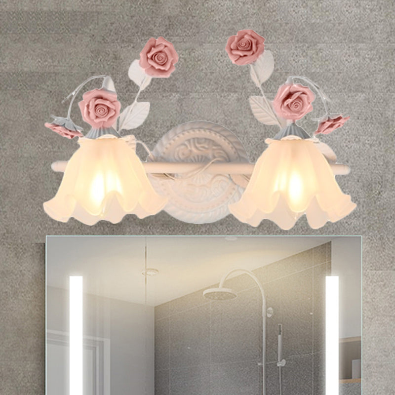 Ruffle Bathroom Wall Mount Light American Flower Frosted Glass 2/3-Head Pink/Blue Vanity Sconce 2.0 Pink Clearhalo 'Vanity Lights' 'Wall Lights' Lighting' 863063
