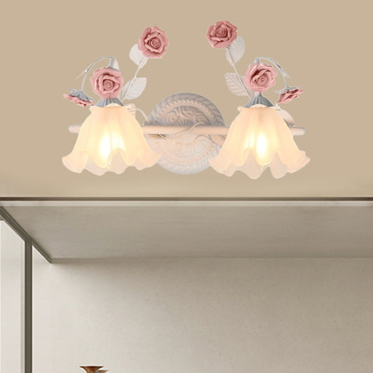 Ruffle Bathroom Wall Mount Light American Flower Frosted Glass 2/3-Head Pink/Blue Vanity Sconce Clearhalo 'Vanity Lights' 'Wall Lights' Lighting' 863064