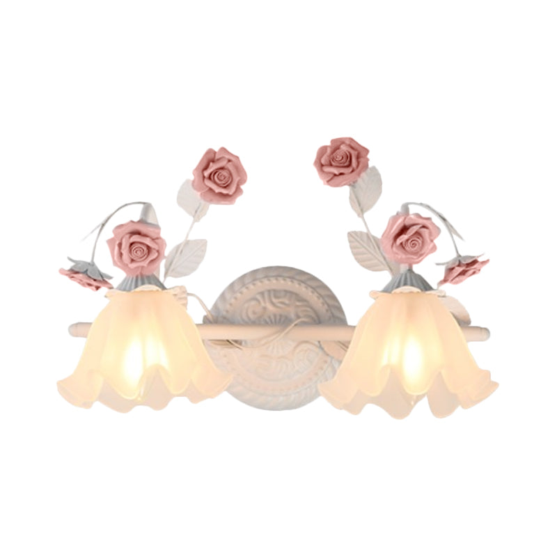 Ruffle Bathroom Wall Mount Light American Flower Frosted Glass 2/3-Head Pink/Blue Vanity Sconce Clearhalo 'Vanity Lights' 'Wall Lights' Lighting' 863065