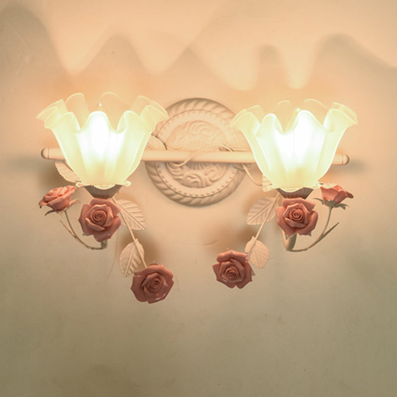 Ruffle Bathroom Wall Mount Light American Flower Frosted Glass 2/3-Head Pink/Blue Vanity Sconce Clearhalo 'Vanity Lights' 'Wall Lights' Lighting' 863066