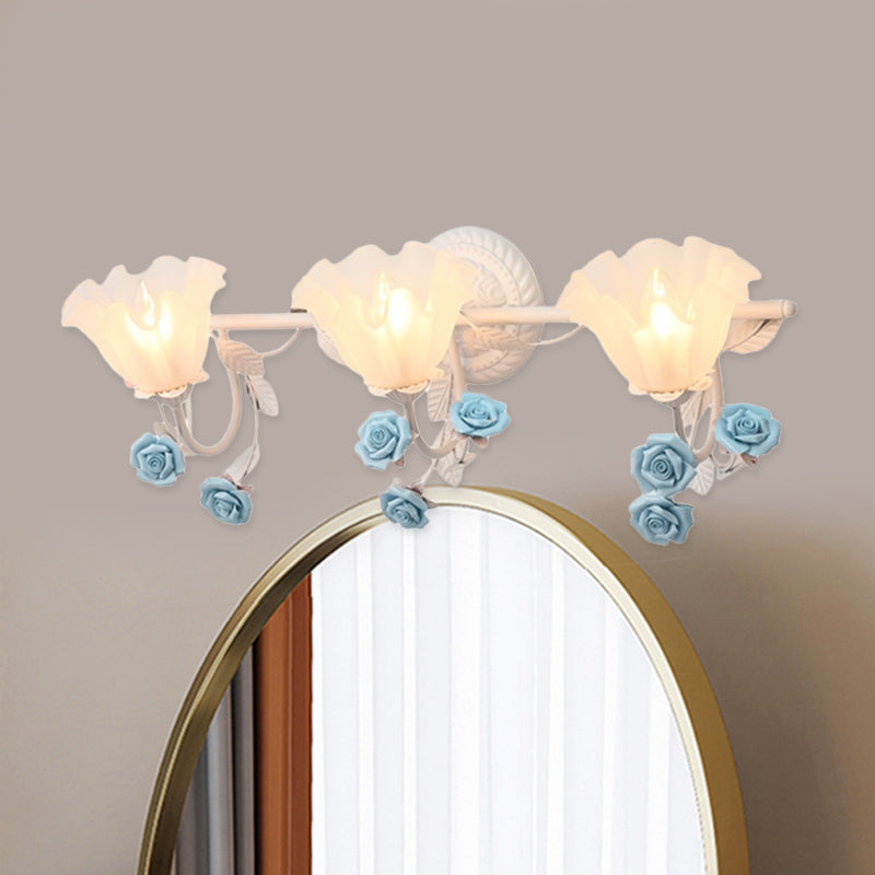 Ruffle Bathroom Wall Mount Light American Flower Frosted Glass 2/3-Head Pink/Blue Vanity Sconce 3.0 Blue Clearhalo 'Vanity Lights' 'Wall Lights' Lighting' 863067