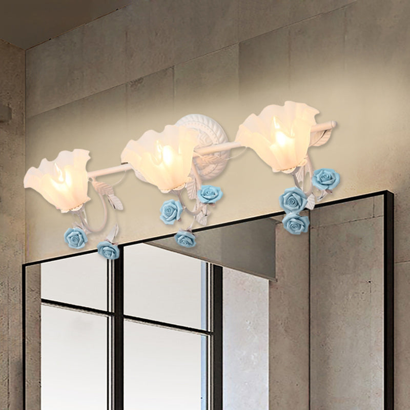 Ruffle Bathroom Wall Mount Light American Flower Frosted Glass 2/3-Head Pink/Blue Vanity Sconce Clearhalo 'Vanity Lights' 'Wall Lights' Lighting' 863068