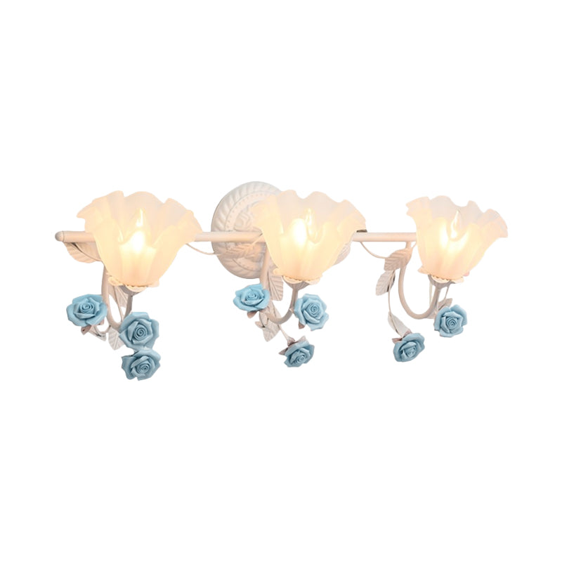 Ruffle Bathroom Wall Mount Light American Flower Frosted Glass 2/3-Head Pink/Blue Vanity Sconce Clearhalo 'Vanity Lights' 'Wall Lights' Lighting' 863069