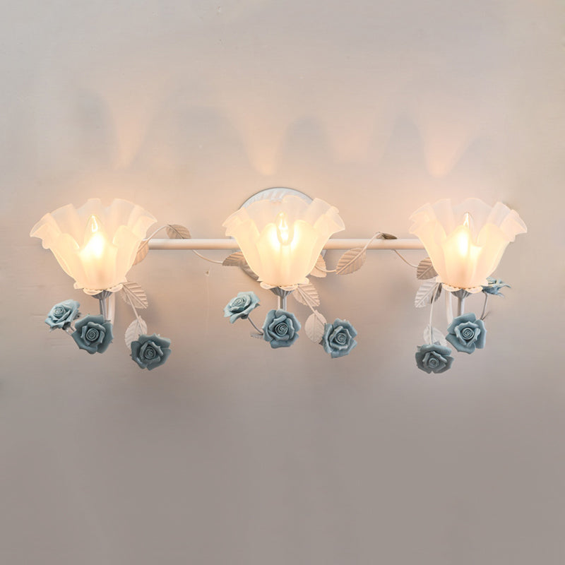 Ruffle Bathroom Wall Mount Light American Flower Frosted Glass 2/3-Head Pink/Blue Vanity Sconce Clearhalo 'Vanity Lights' 'Wall Lights' Lighting' 863070