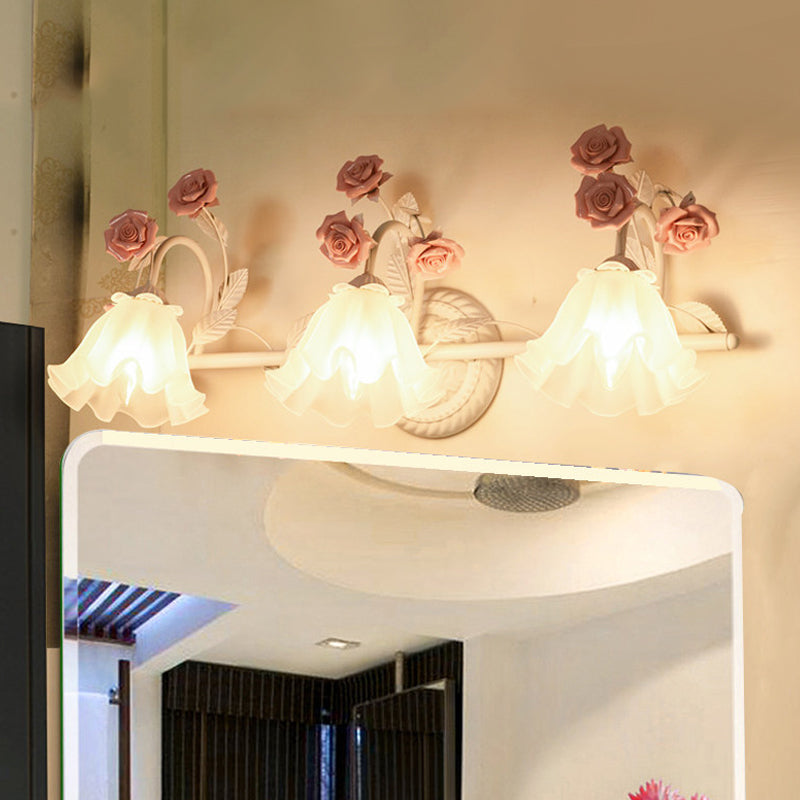 Ruffle Bathroom Wall Mount Light American Flower Frosted Glass 2/3-Head Pink/Blue Vanity Sconce 3.0 Pink Clearhalo 'Vanity Lights' 'Wall Lights' Lighting' 863072
