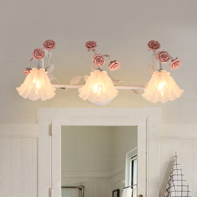 Ruffle Bathroom Wall Mount Light American Flower Frosted Glass 2/3-Head Pink/Blue Vanity Sconce Clearhalo 'Vanity Lights' 'Wall Lights' Lighting' 863073