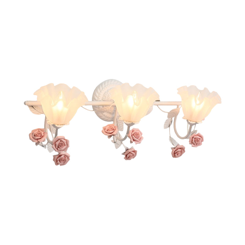 Ruffle Bathroom Wall Mount Light American Flower Frosted Glass 2/3-Head Pink/Blue Vanity Sconce Clearhalo 'Vanity Lights' 'Wall Lights' Lighting' 863074